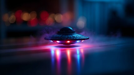 Futuristic glowing toy UFO hovering with vibrant neon LED lights and mysterious mist casting colorful reflections on a dark glossy surface