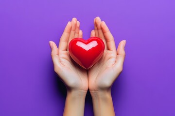 Obraz premium A vibrant red heart rests gently within the embrace of two hands, set against a striking purple backdrop.