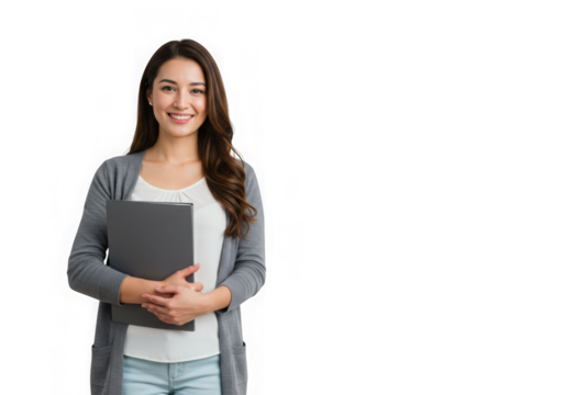 Smiling student holding notebook isolated on transparent background