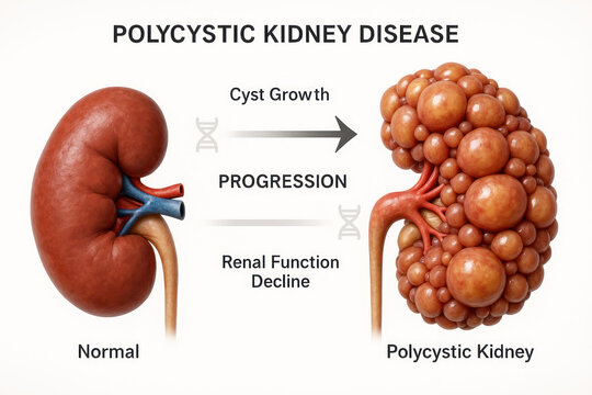 Polycystic Kidney Disease Progression Illustration - Normal to Diseased Kidney, Cyst Growth, Renal Function Decline [Illustration]