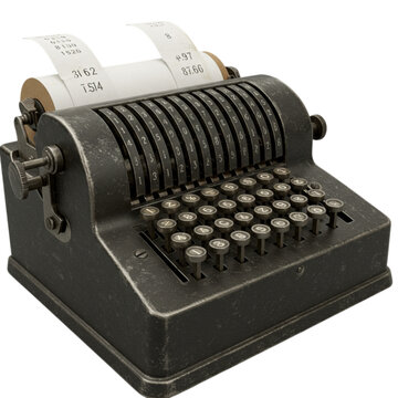 Vintage mechanical adding machine with paper rolls isolated on transparent background