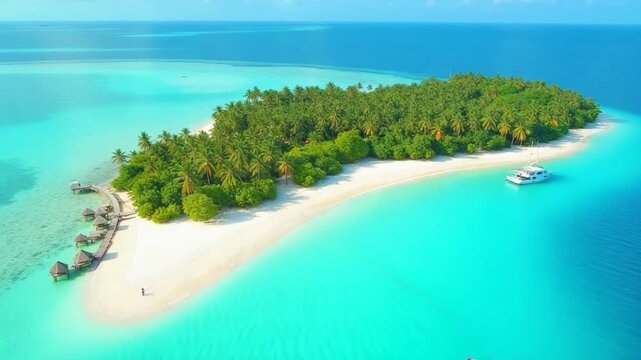 A serene Maldives island with vibrant greenery and turquoise waters