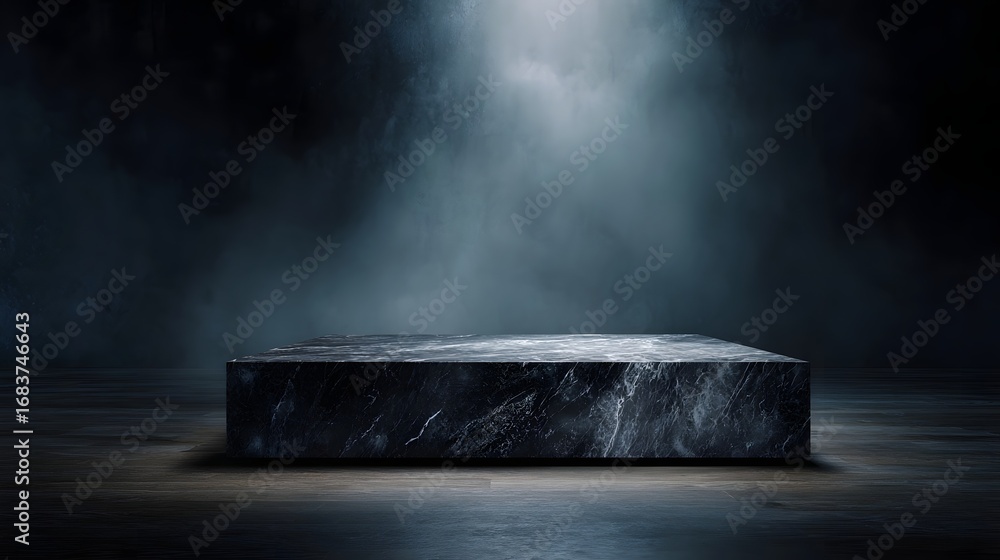 Poster dark marble rectangular platform illuminated by a soft glow in a mysterious smoky atmospheric backgr