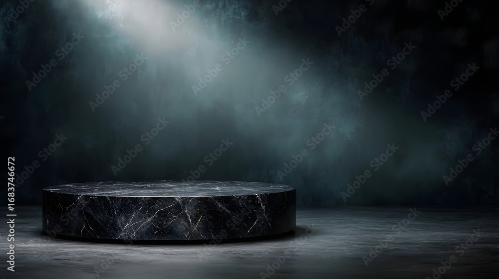 Canvas Prints a dark marble display platform stands in a mysterious spotlighted studio perfect for elegant product