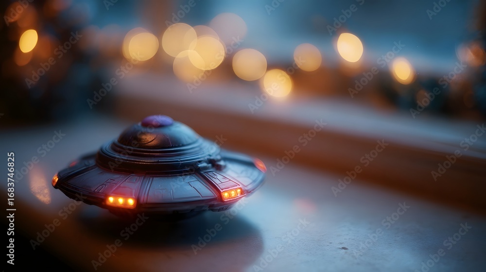 Poster a miniature toy alien spaceship with glowing orange and purple lights sits on a textured surface set