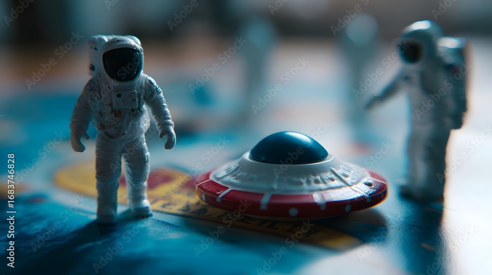 Poster miniature toy astronaut figures encounter a mysterious ufo on a colorful play mat depicting a scene 
