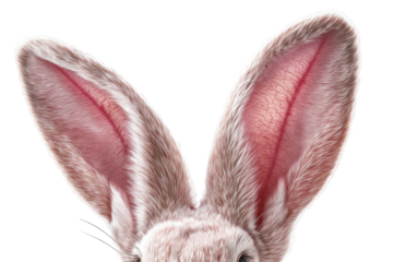 Close-up of a rabbit's large, fluffy ears.  Pink inner ear, light tan/gray fur.  High detail, realistic.  Focus on ears only