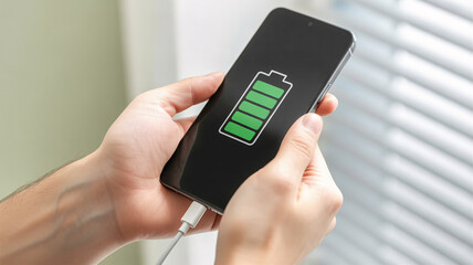 Hands holding smartphone with full battery indicator charging cable connected, modern technology concept