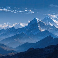 Fototapeta premium Majestic mountain range under a vibrant blue sky. Vast peaks, snow-capped and layered in shades of blue, dominate the landscape. Soft, diffused light bathes the scene in serene tones