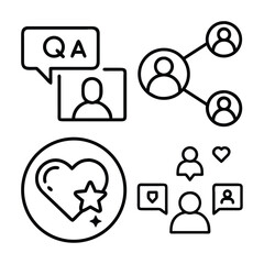A collection of outline icons representing social media interactions like questions, connections, likes, and comments.