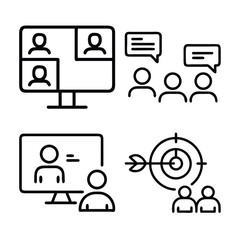 A collection of line art icons depicting online meetings, group discussions, presentations, and achieving goals through teamwork.