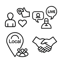 A collection of line art icons representing social media engagement, live broadcasting, local community, and business partnerships.