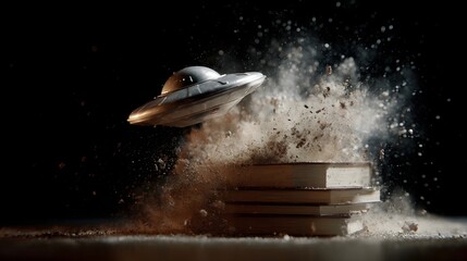 A miniature flying saucer hovers dynamically over a stack of old books surrounded by an explosive cloud of dust symbolizing a clash of eras