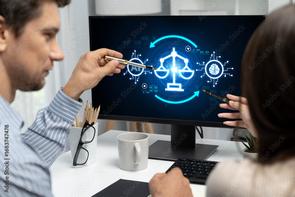 Aufkleber ai ethics responsibility standard law and rules on computer screen provide report of ai ethic transp