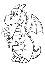 Naklejka premium Cute cartoon dragon holding flower coloring page for kids printable fantasy creature drawing activity page 100