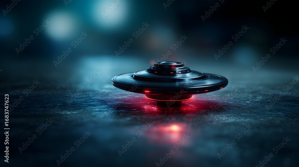 Poster a futuristic dark disc shaped craft with glowing red lights is subtly illuminated resting on a textu