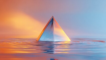 A polished pyramid, reflecting a gradient sunset, rests gently in rippled water