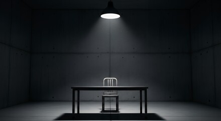 Solitary table and chair under a harsh spotlight in a dark, empty concrete interrogation room.