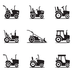 Set Lawn tractor icon. Vector concept illustration for design. Vector black silhouette. with white background