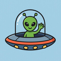 Flat UFO Illustration with Playful Alien Character Waving Hand Minimal Design