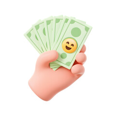 3D Cartoon Hand Holding Fan of Money with Happy Face Emoji Isolated on Transparent Background