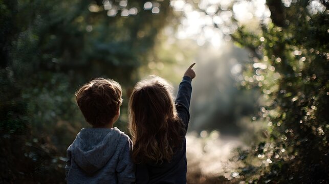 Two curious children stand in a sun d d forest with one pointing excitedly towards the bright light filtering through the trees exploring nature s - Powered by Adobe