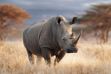 Obraz premium A majestic rhinoceros standing proudly in a grassy field, showcasing its impressive horn and sturdy physique. It's a symbol of strength and the wild