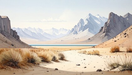 Desert valley leading to a snow-capped mountain range. Vast landscape