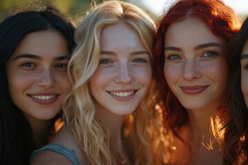 Fototapeta premium Four women, diverse in hair colors, are close together, smiling warmly and presenting joyful, confident expressions.