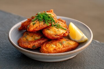 Whitebait Fritters Served With Lemon on Ceramic Plate on a Sand Surface