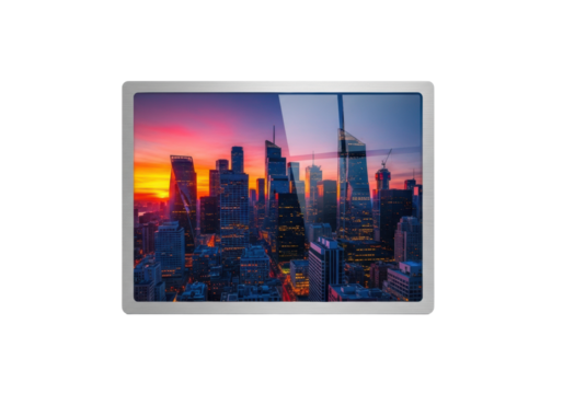 Rectangular glossy print with silver frame, vibrant urban sunset & sparkling lights, on white background. Concept of modern sophistication and digital clarity
