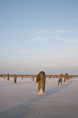 The pillars are the remains of platforms on which salt was dried at sunset. Lake Baskunchak....