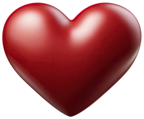 A glossy, vibrant red heart shape, with a smooth, three-dimensional appearance