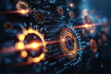 Obraz premium Digital technology background with gears and glowing lines, representing the concept of digital transformation in business or tech innovation