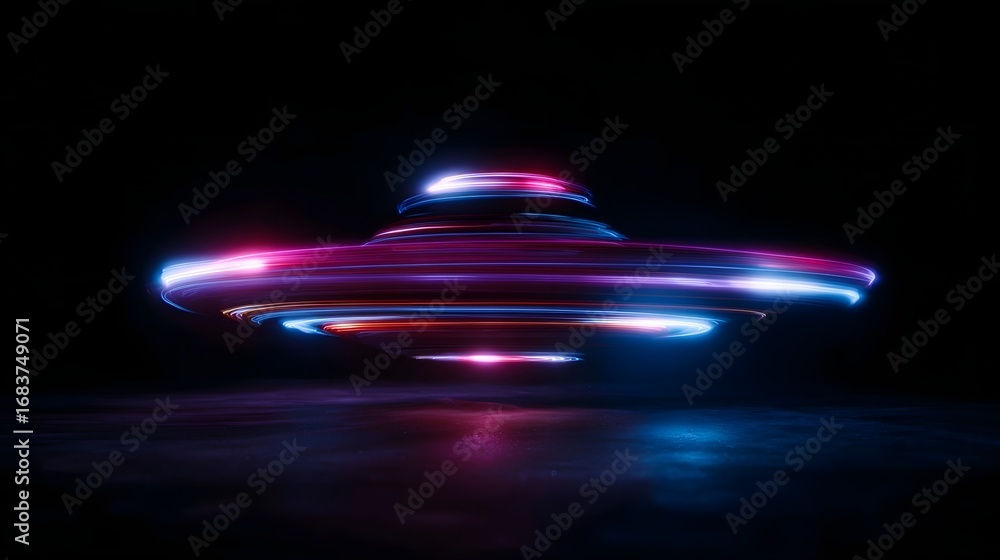 Poster vibrant neon light trails illuminate a futuristic spinning disc object creating a dynamic motion blu