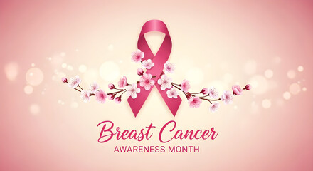 Ribbon symbolizing Breast Cancer Awareness Month with pink flowers  