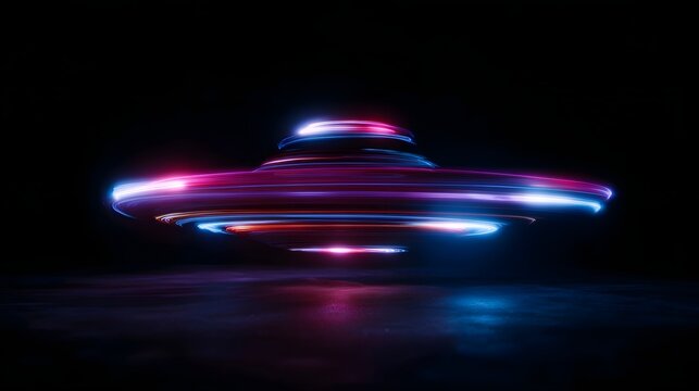 Vibrant neon light trails illuminate a futuristic spinning disc object creating a dynamic motion blur effect against a dark background