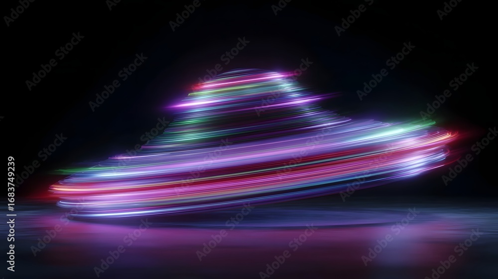 Poster Colorful light trails swirl dynamically creating an abstract glowing spinning form against a dark background with reflections