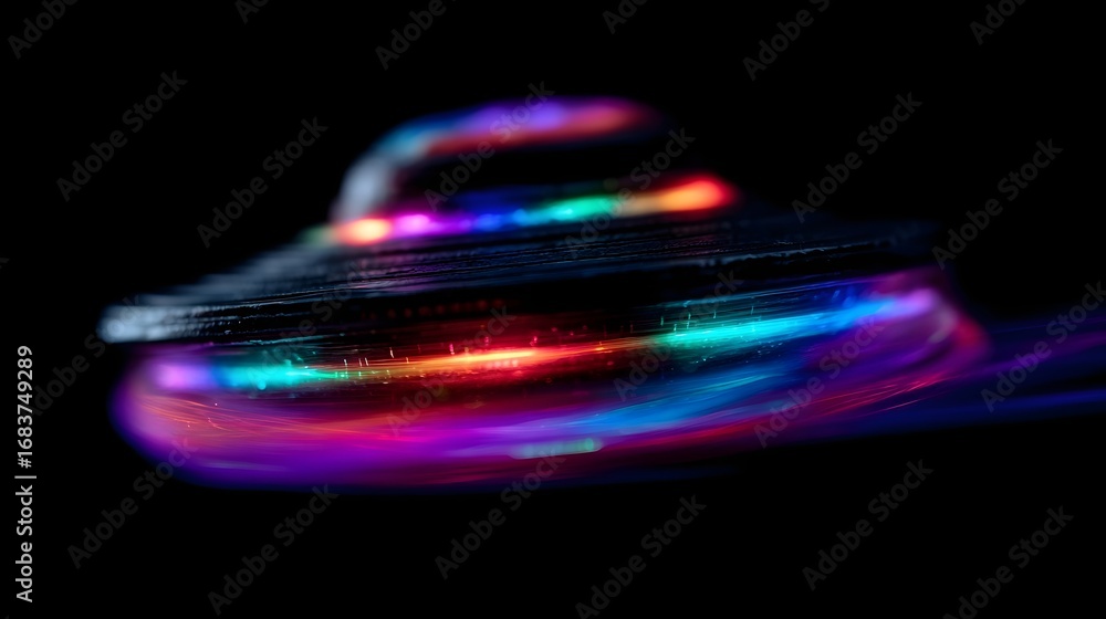 Poster vibrant multi colored light trails emanate from a spinning ufo like object against a dark contrastin