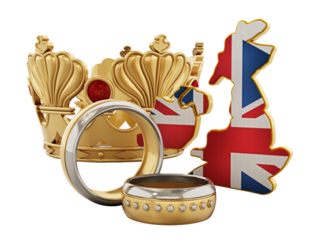 Royal wedding concept with crown, rings and British flag on transparent background. 3D illustration