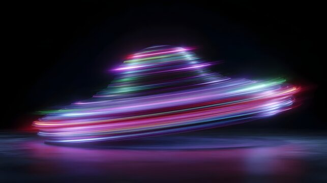 Colorful light trails swirl dynamically creating an abstract glowing spinning form against a dark background with reflections - Powered by Adobe