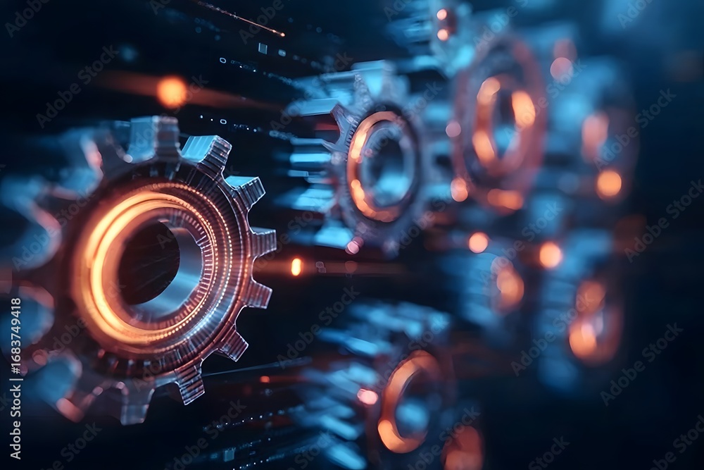 Poster digital technology background with gears and glowing lines, representing the concept of digital tran