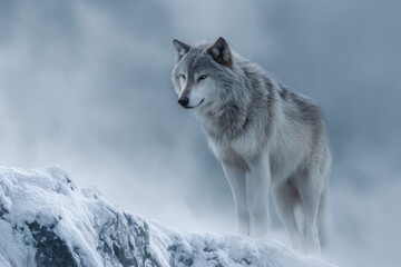 Fototapeta premium A majestic wolf standing on a snowy, mountainous terrain with a blurred background of a misty sky. It exudes strength and resilience, with a focused gaze.