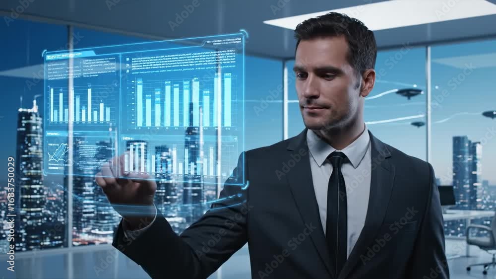 Aufkleber businessman analyzing futuristic holographic data - a businessman in a modern office interacts with 