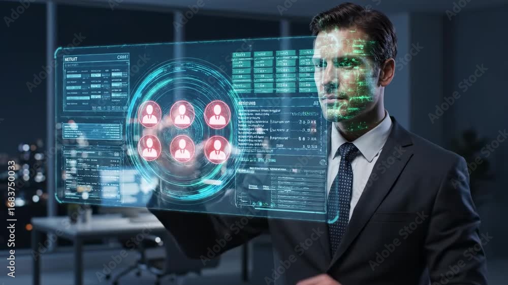 Aufkleber businessman interacting with crm software interface - a businessman in a dark suit interacts with a 