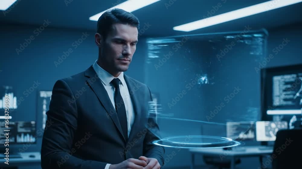 Aufkleber businessman interacting with futuristic holographic interface - a businessman in a suit interacts wi