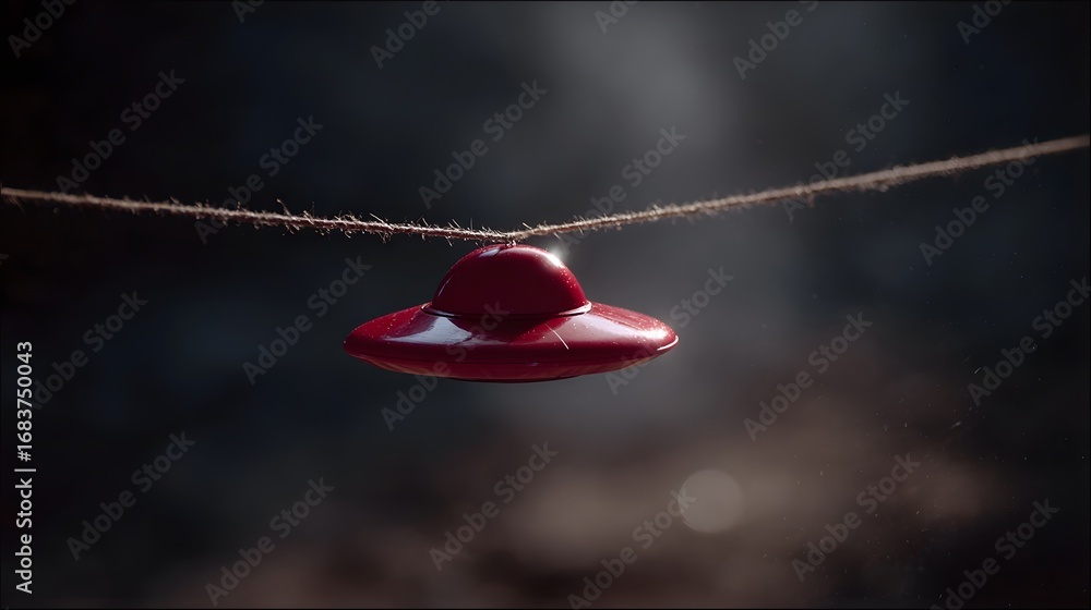 Poster a vibrant red flying saucer toy sharply focused and suspended by a thin string against a dark atmosp