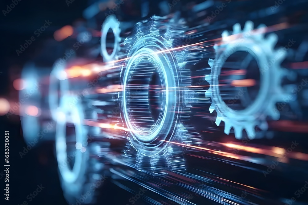 Poster digital technology background with gears and glowing lines, representing the concept of digital tran
