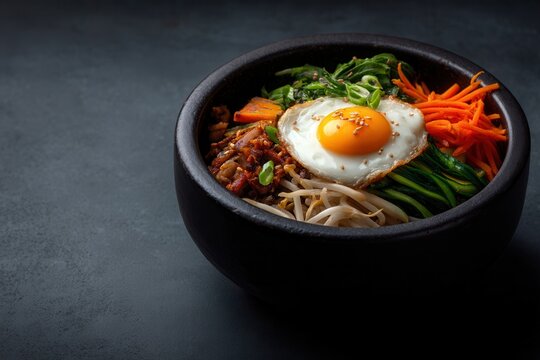 Korean Bibimbap Featuring Fried Egg Served in a Stoneware Bowl, Dark Background