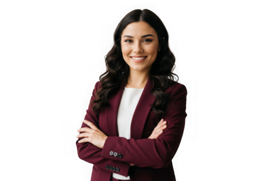Confident brunette woman in a suit posing with arms crossed on transparent background